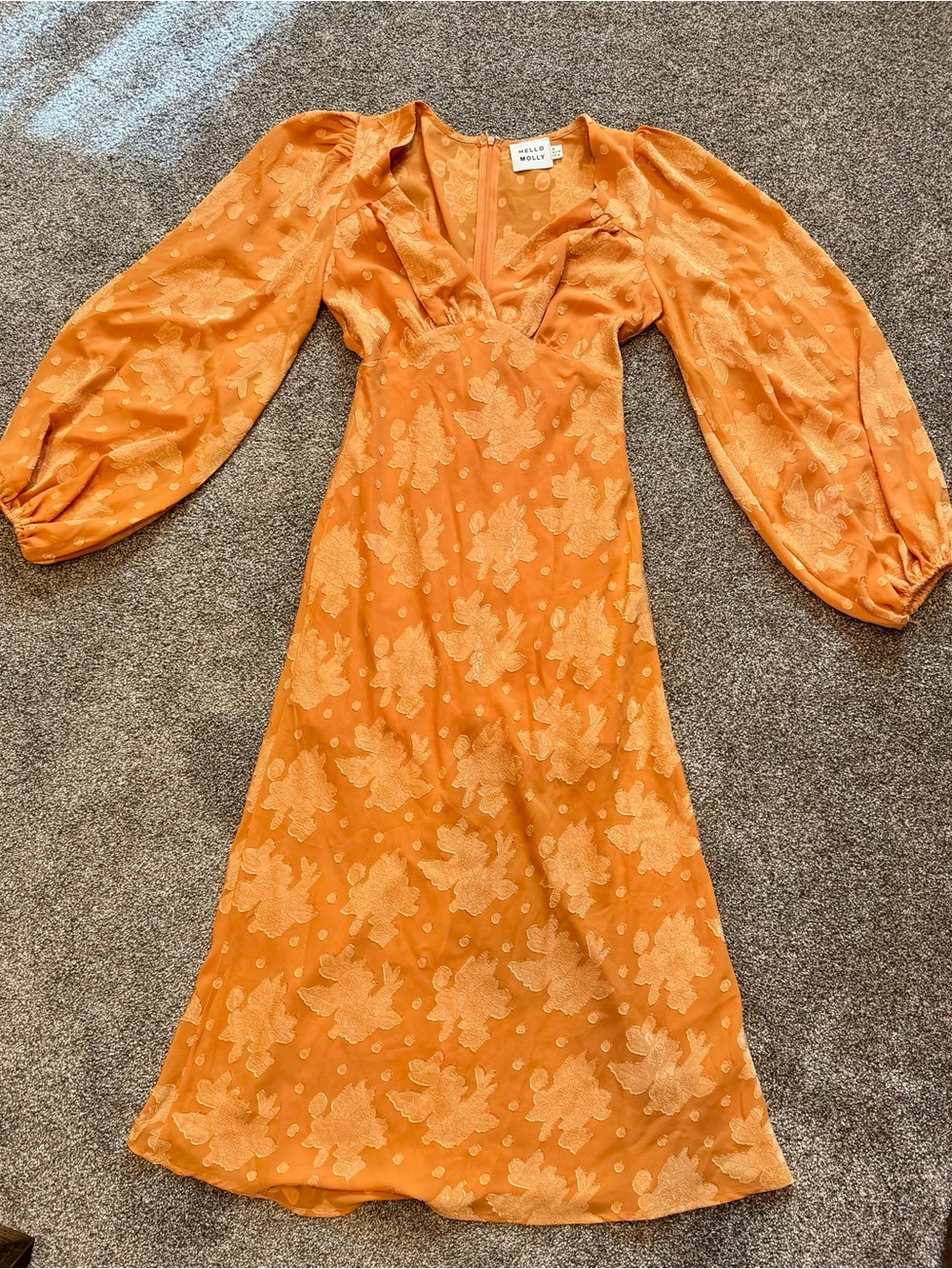 Hello Molly Burnt Orange Floral Midi Dress with Balloon Sleeves